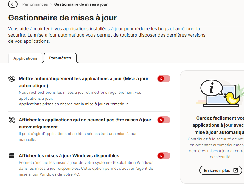Norton - ParamÚtres par défaut du gestionnaire de mises à jour
