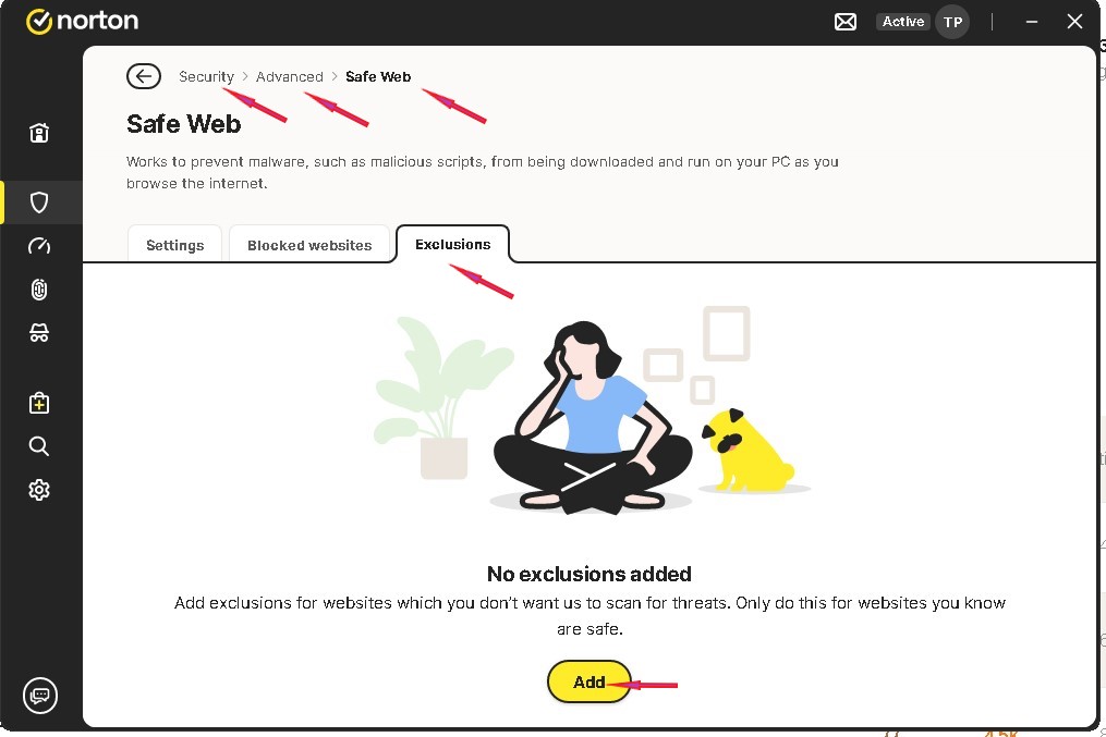 norton 360 safe web exclusions