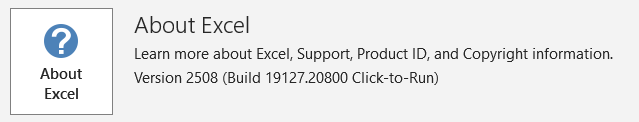 MS Office Home and Business 2019 v2508 Build 19127_20800 Account About Excel 22 Sep 2026