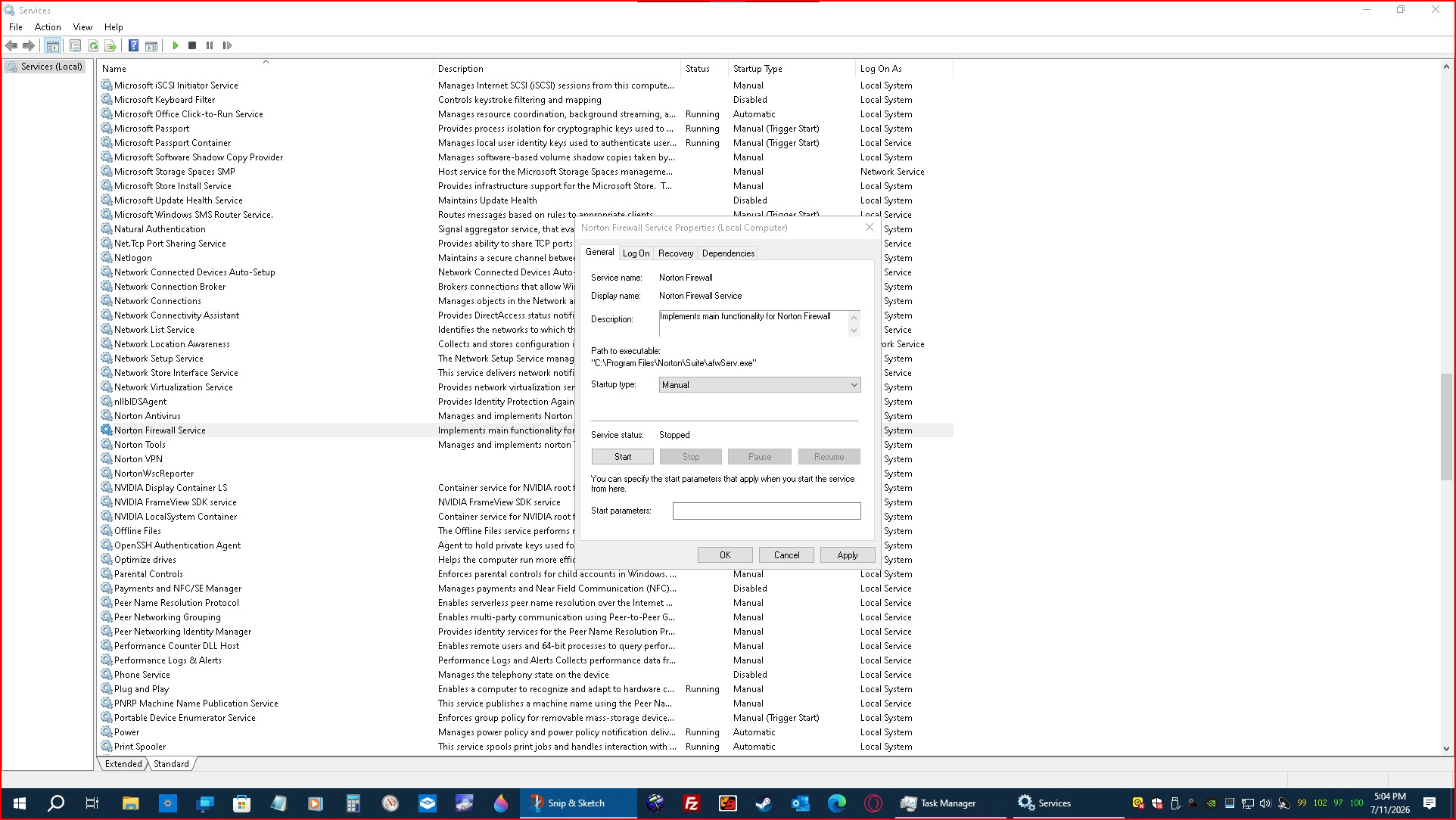 N360 prevents setting firewall service to manual vice automatic