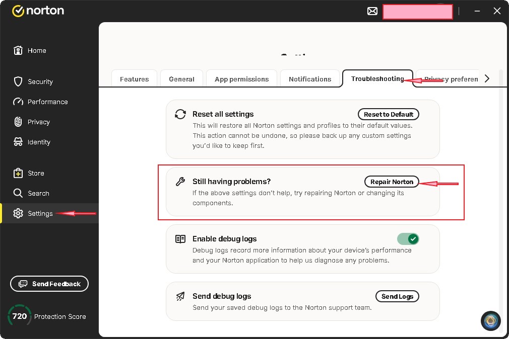 repair your norton installation settings