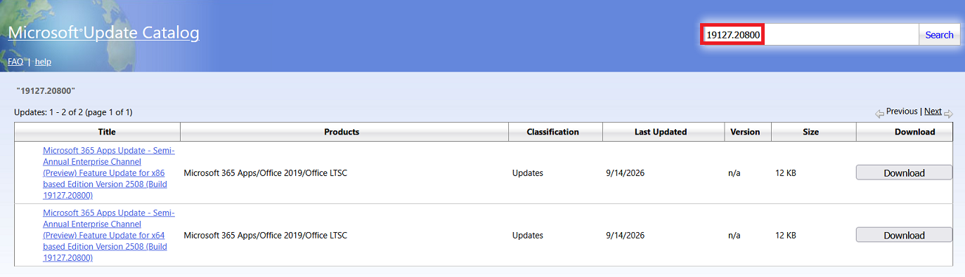 Microsoft Update Catalog KB5002907 Version 2508 Build 19127_20800 14 Sep 2026