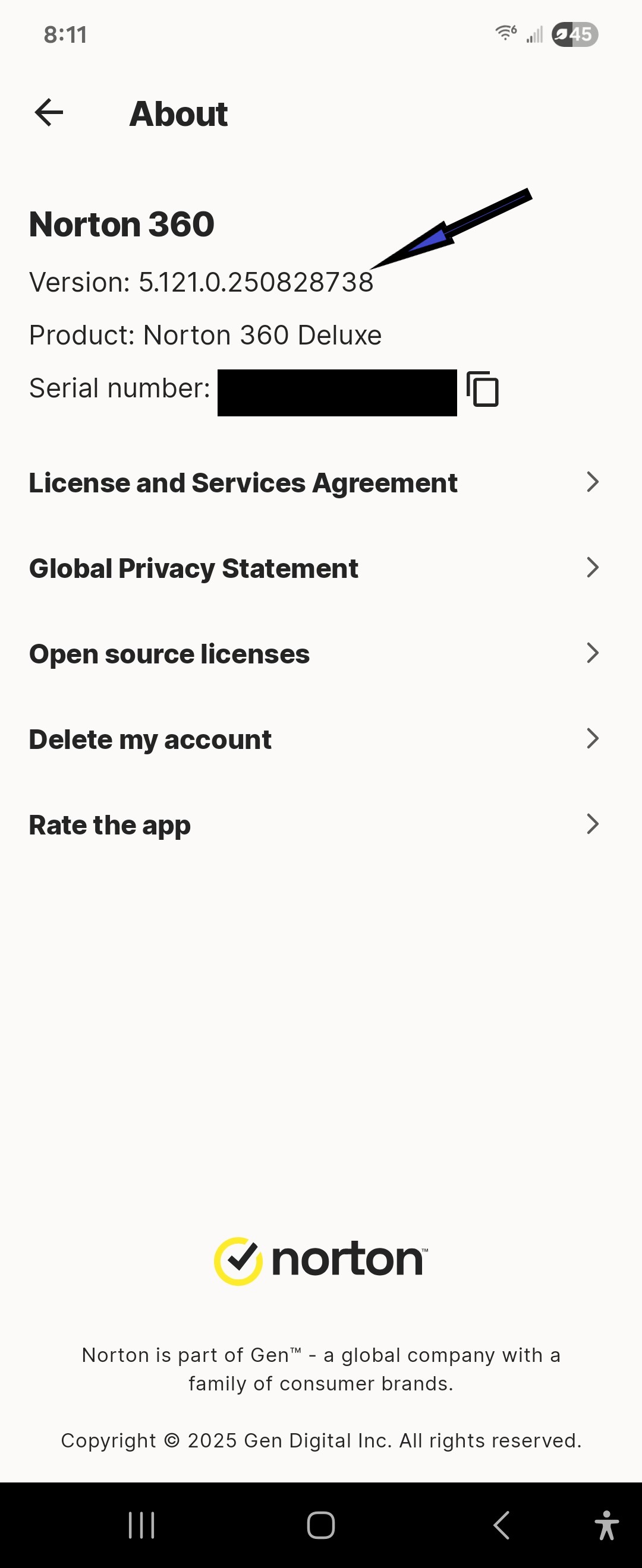norton mobile my version