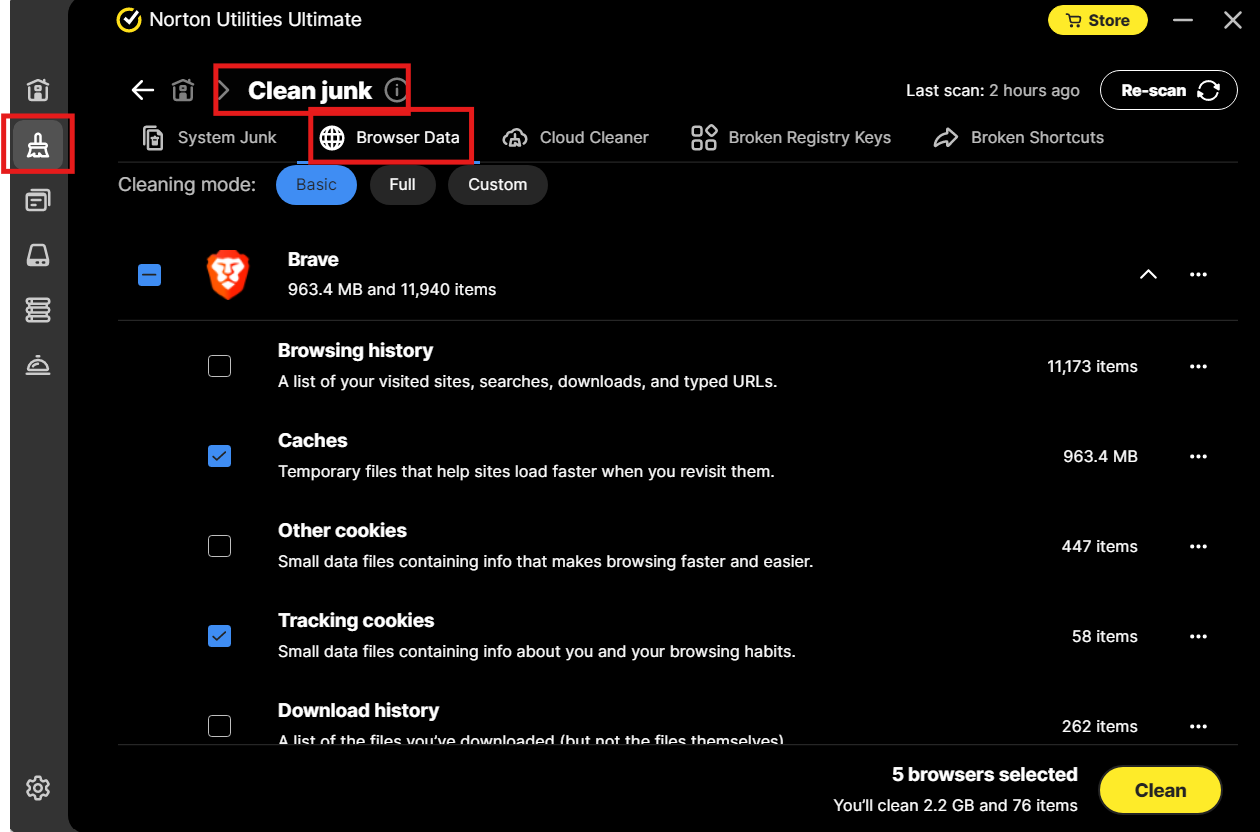 nuu browser cleaning options