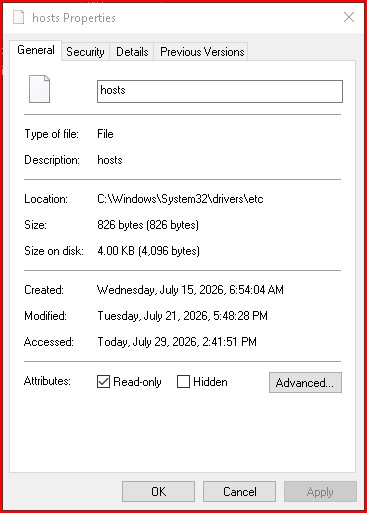 hosts file properties