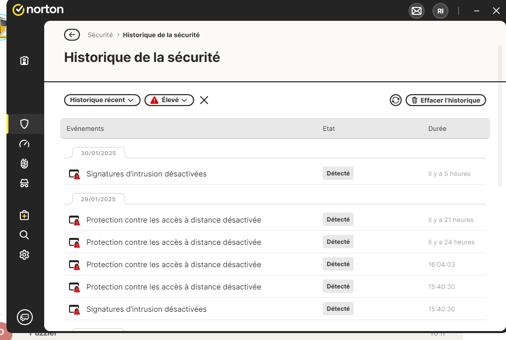 Norton - Historique de sécurité - problèmes graves